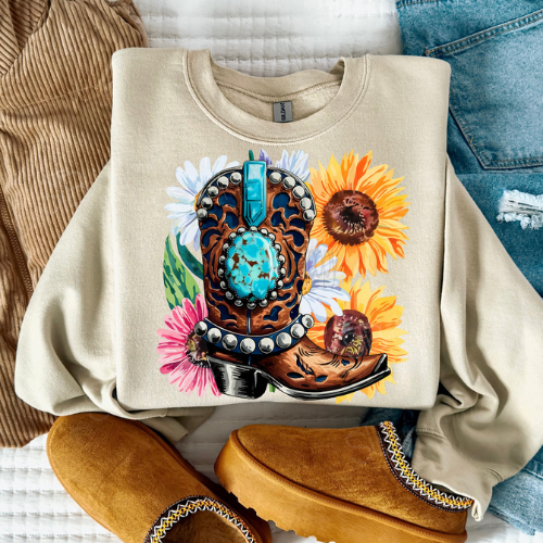 Western Boot & Flowers Crewneck Sweatshirt - Preorder